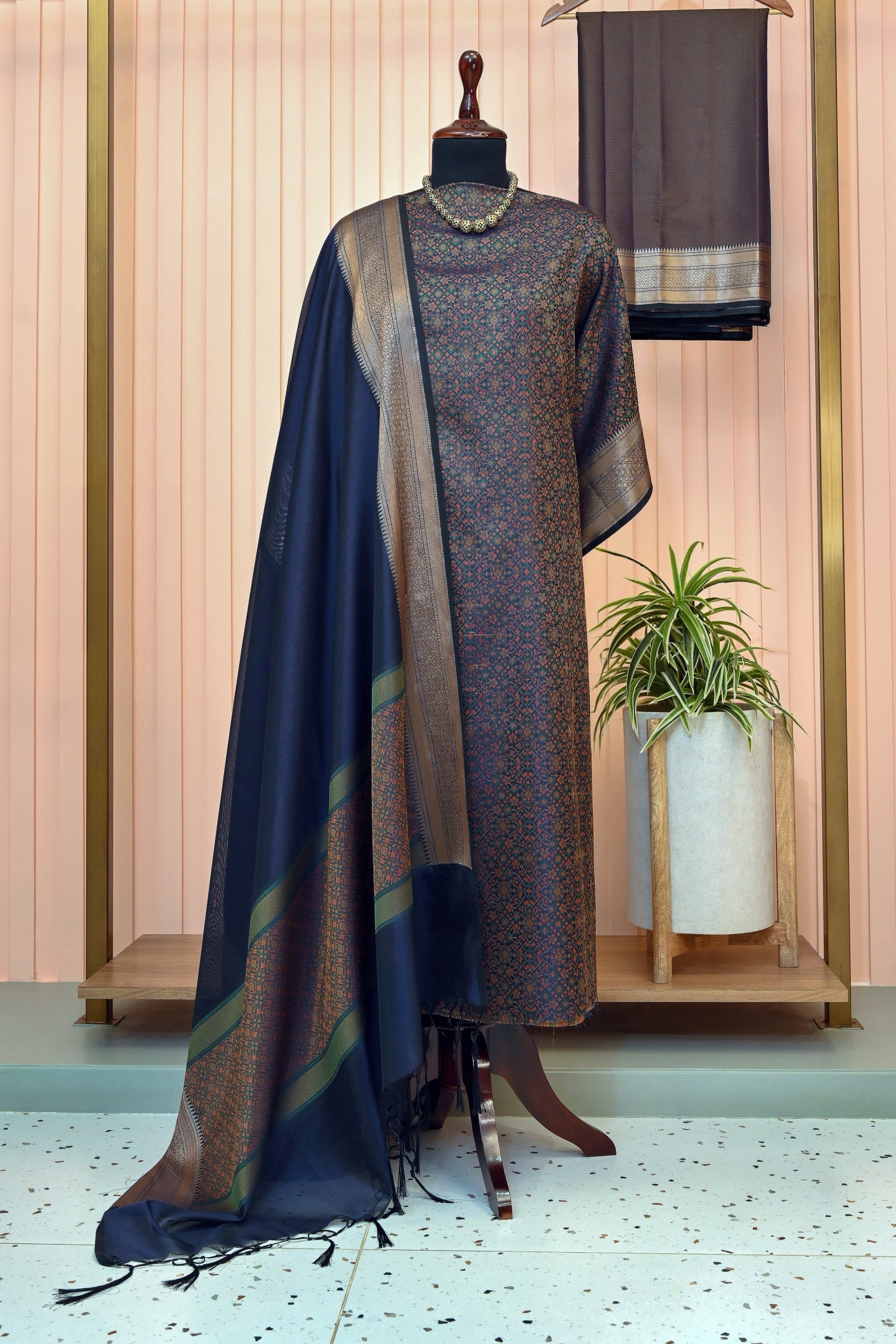 Navy Blue Tanchoi Silk Suit Set