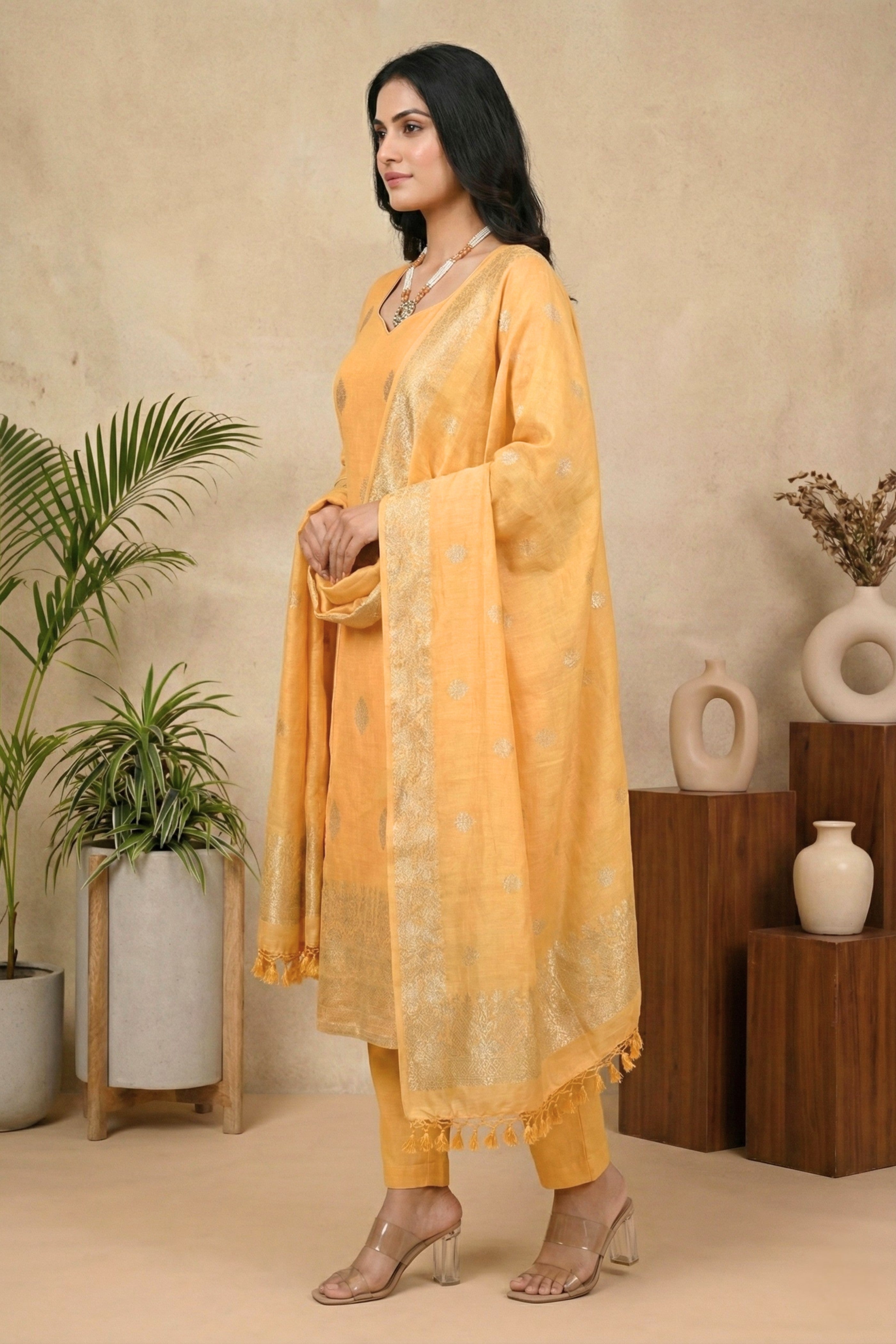 Genda Orange Banarasi Chiffon Linen