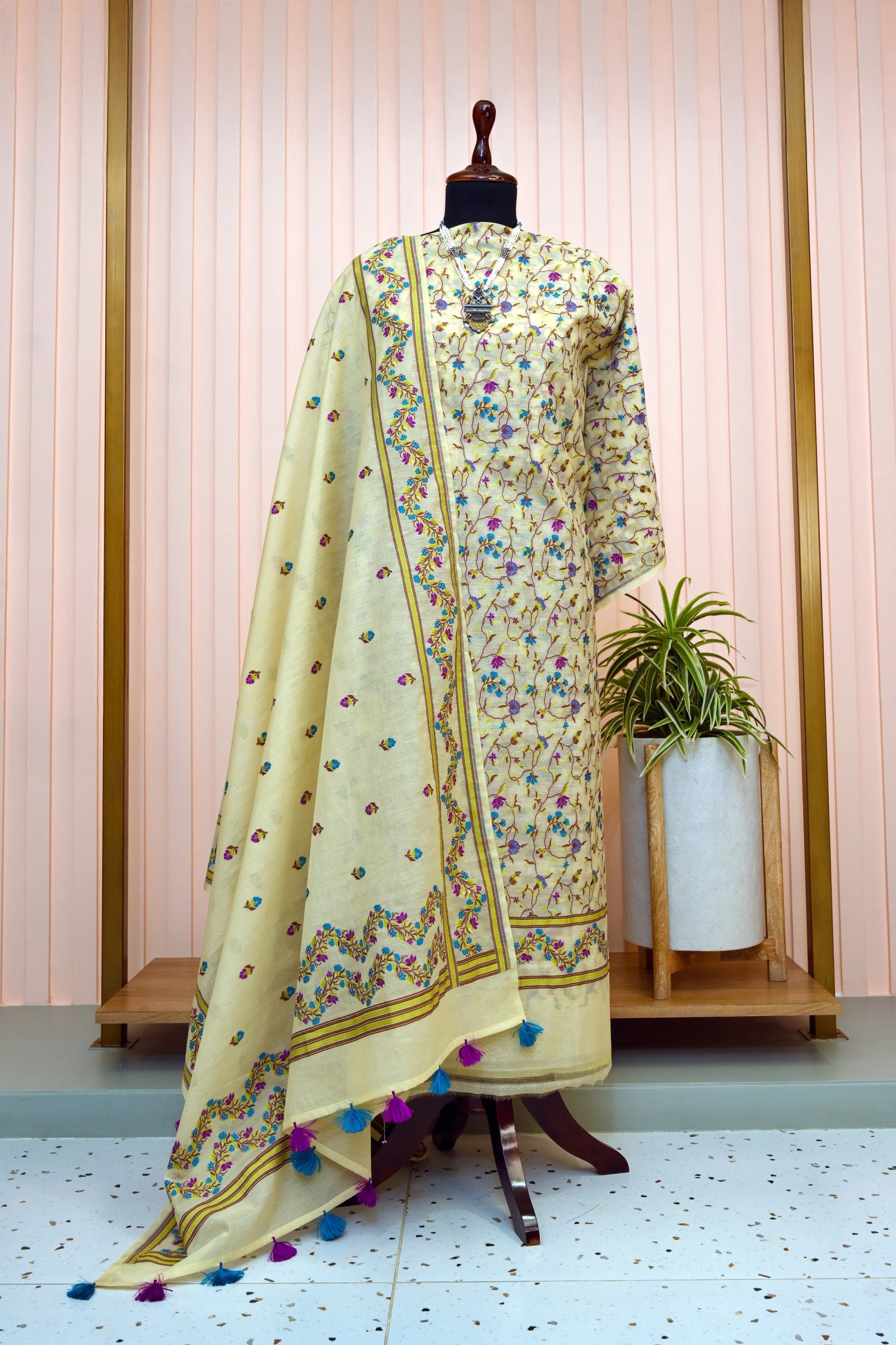 Beige Cotton Chanderi Resham Weave Suit Set