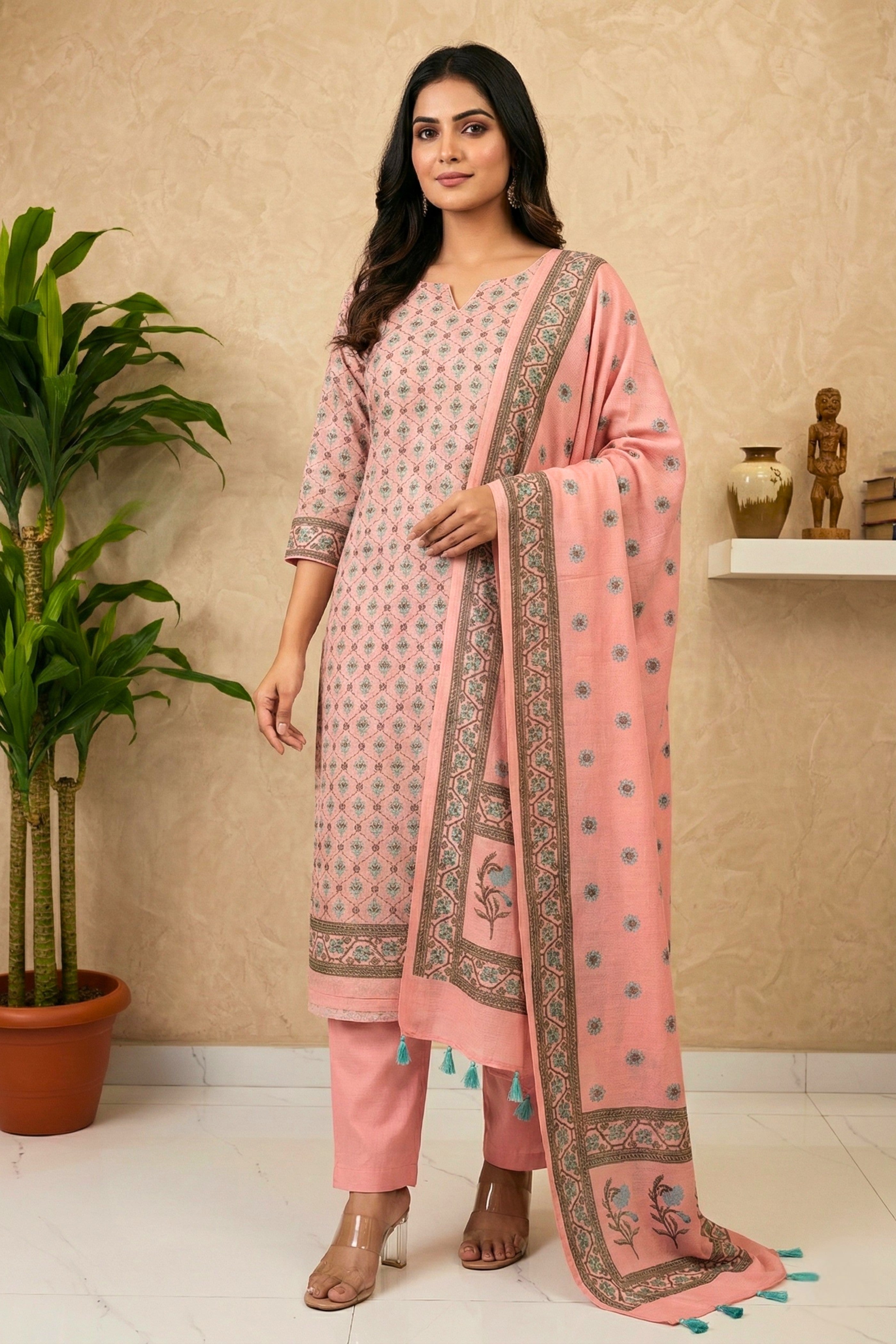 Pastel Pink Cotton Chanderi Suit Set