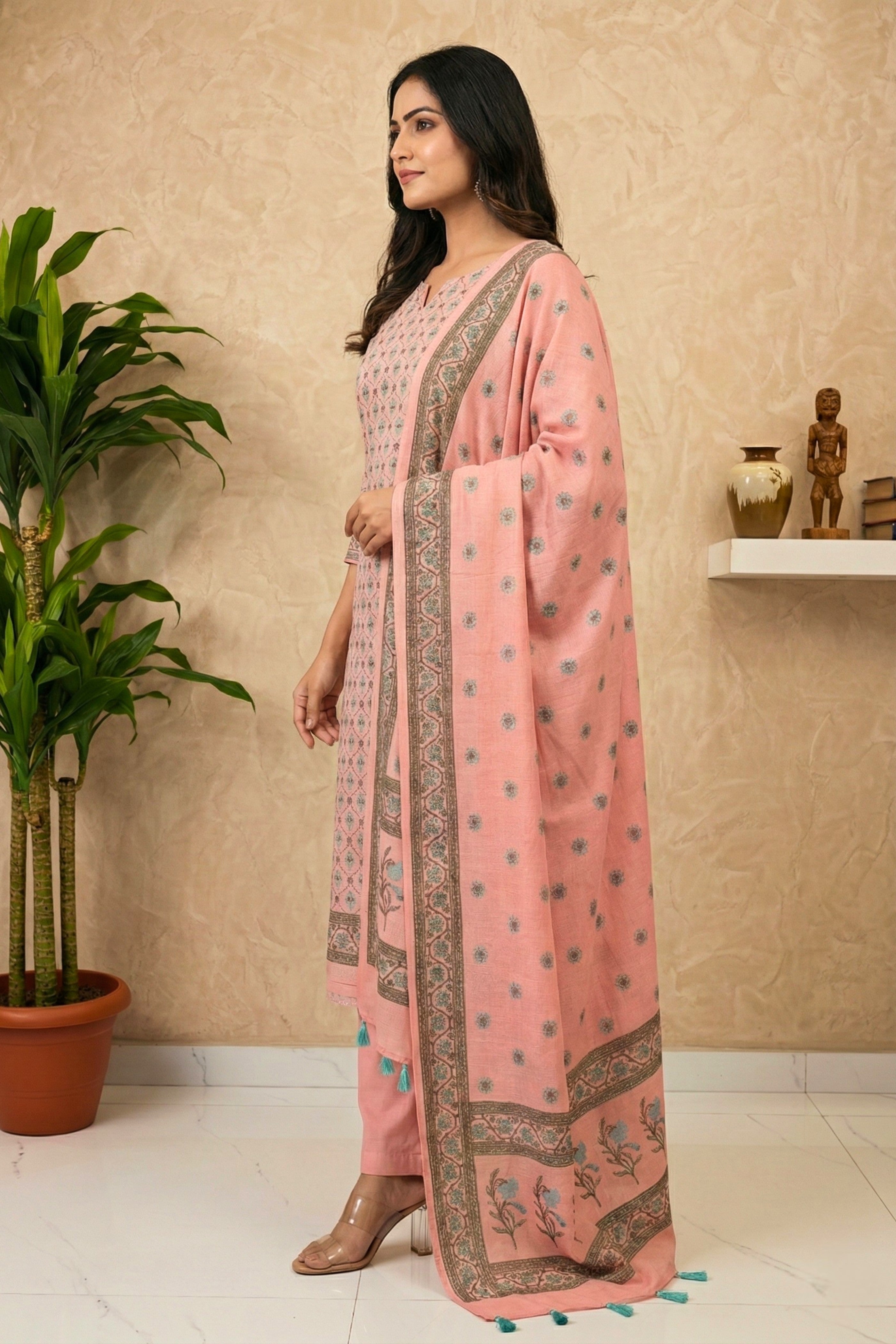 Pastel Pink Cotton Chanderi Suit Set