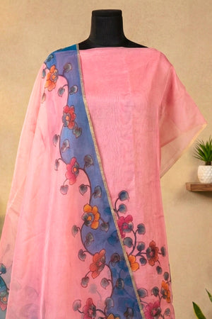 Pastel Pink Hand-Painted Kalamkari Organza Suit Set