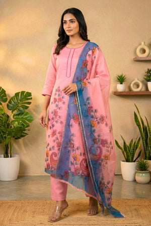 Pastel Pink Hand-Painted Kalamkari Organza Suit Set