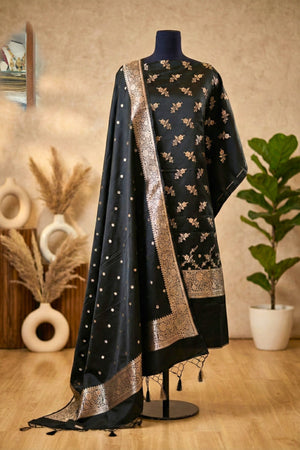 Jet Black Banarasi Semi-Silk Unstitched Suit Set