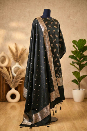 Jet Black Banarasi Semi-Silk Unstitched Suit Set