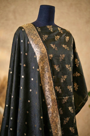 Jet Black Banarasi Semi-Silk Unstitched Suit Set