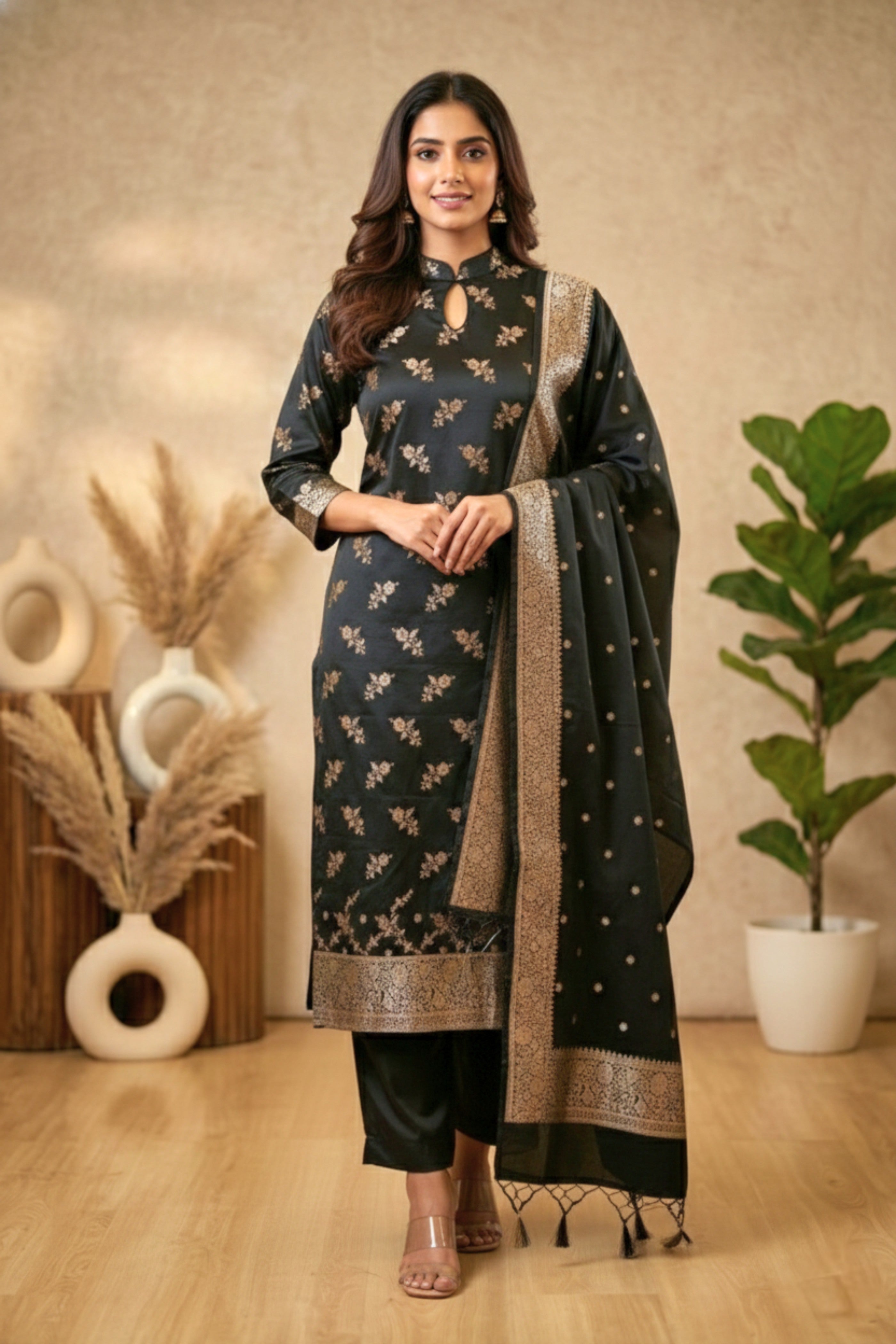 Jet Black Banarasi Semi-Silk Unstitched Suit Set