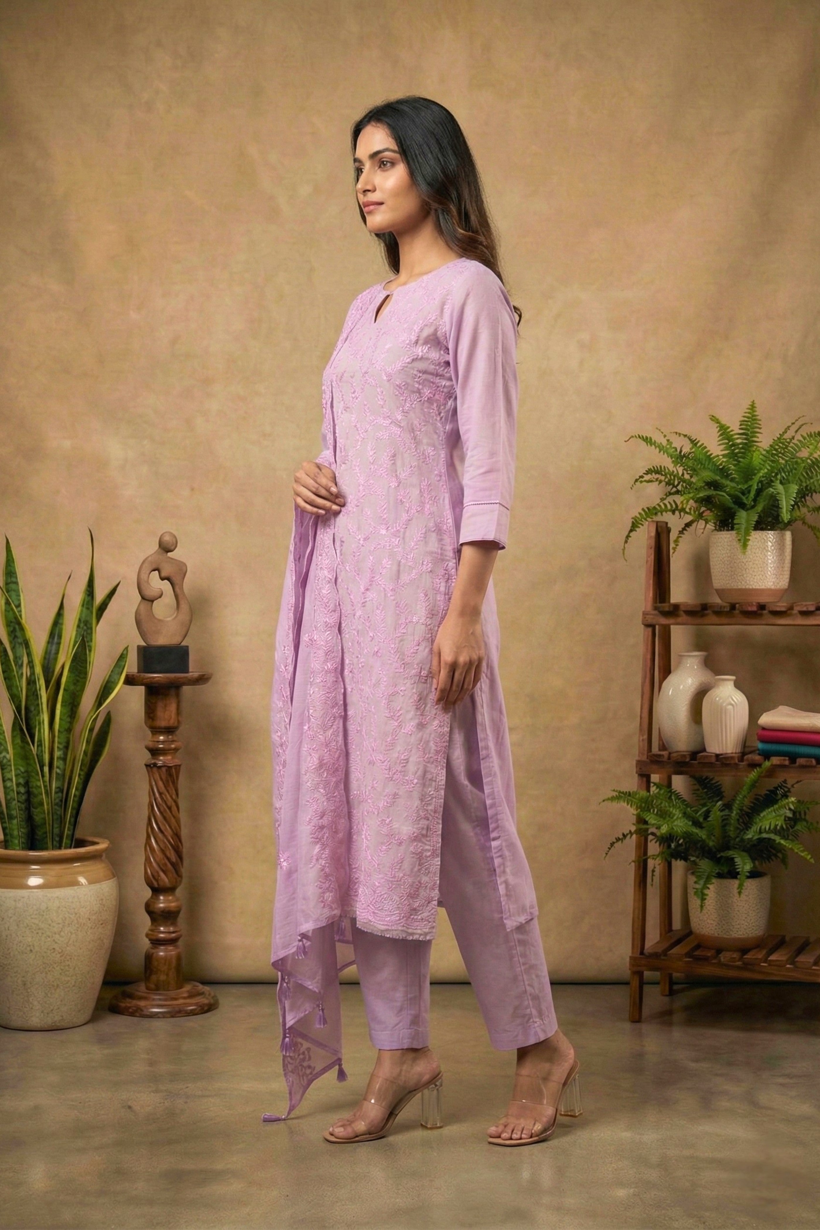 Dreamy Lilac Mul Chanderi Unstitched Suit Set