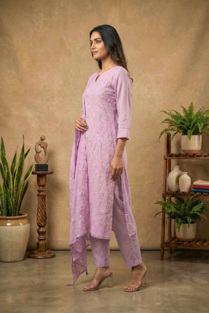 Dreamy Lilac Mul Chanderi Unstitched Suit Set