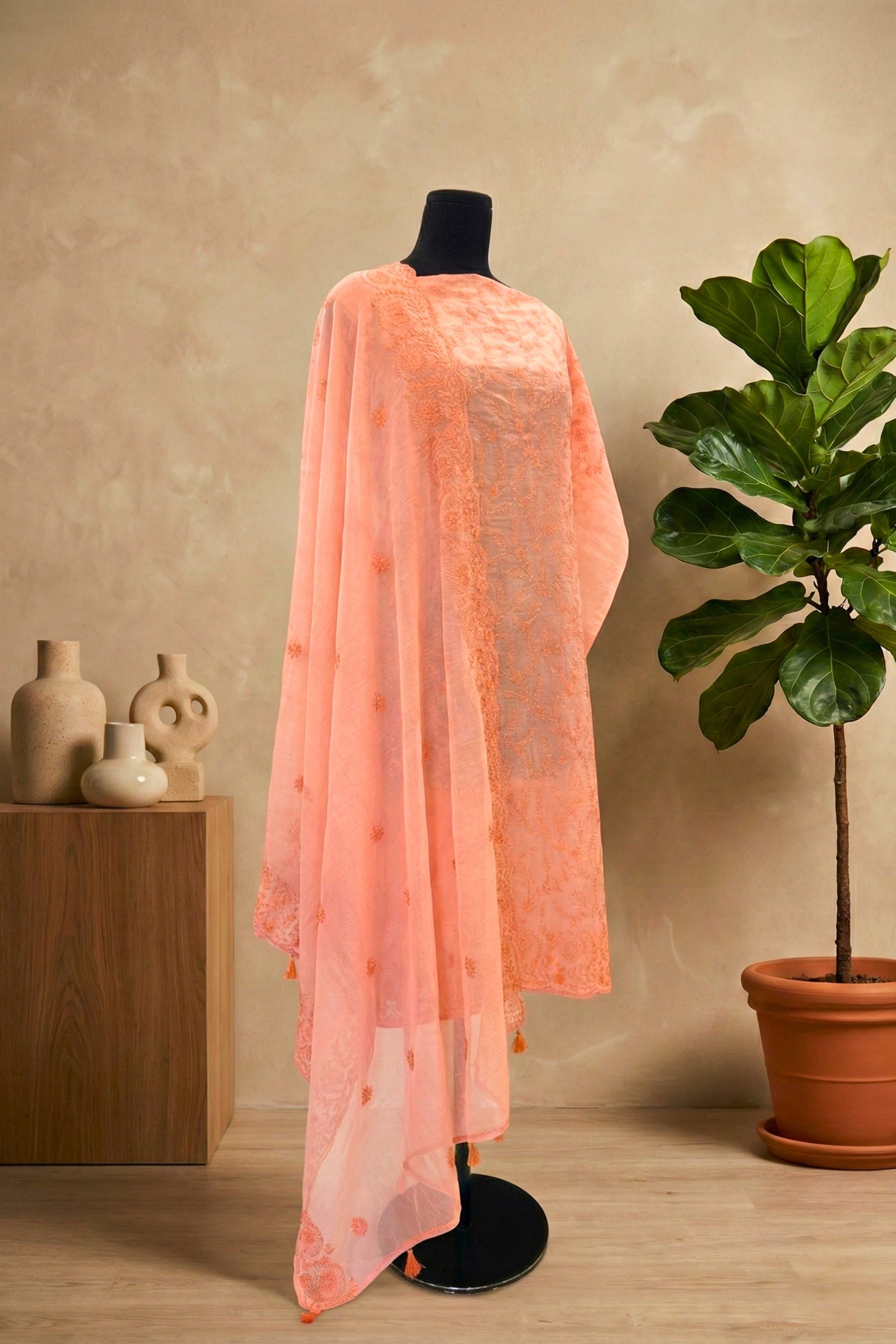 Soft Peach Mul Chanderi Unstitched Suit Set