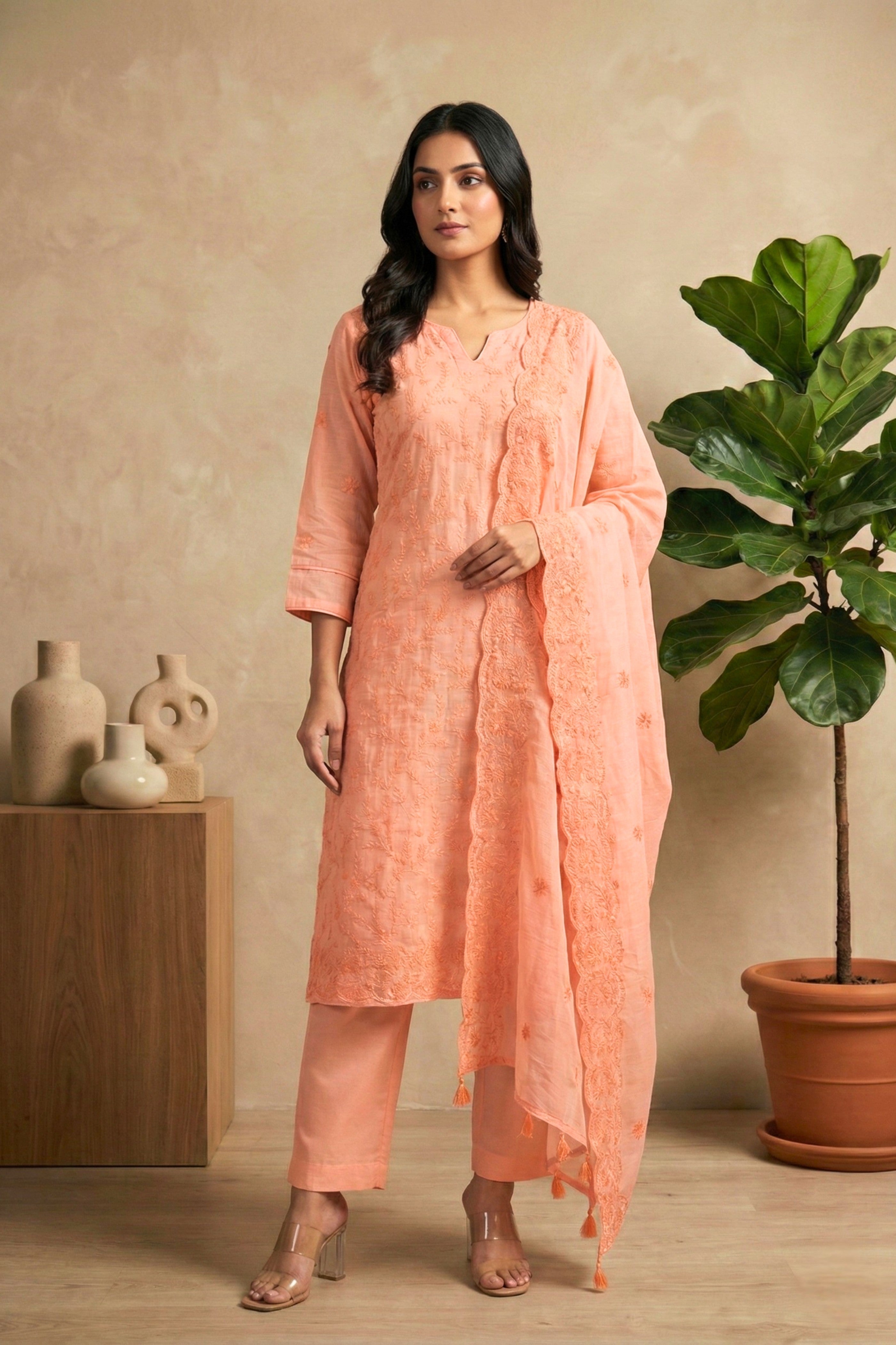 Soft Peach Mul Chanderi Unstitched Suit Set
