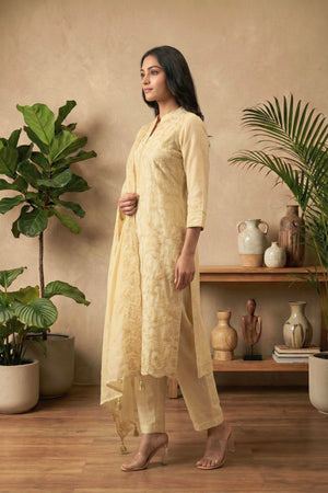 Classic Cream Mul Chanderi Unstitched Suit Set