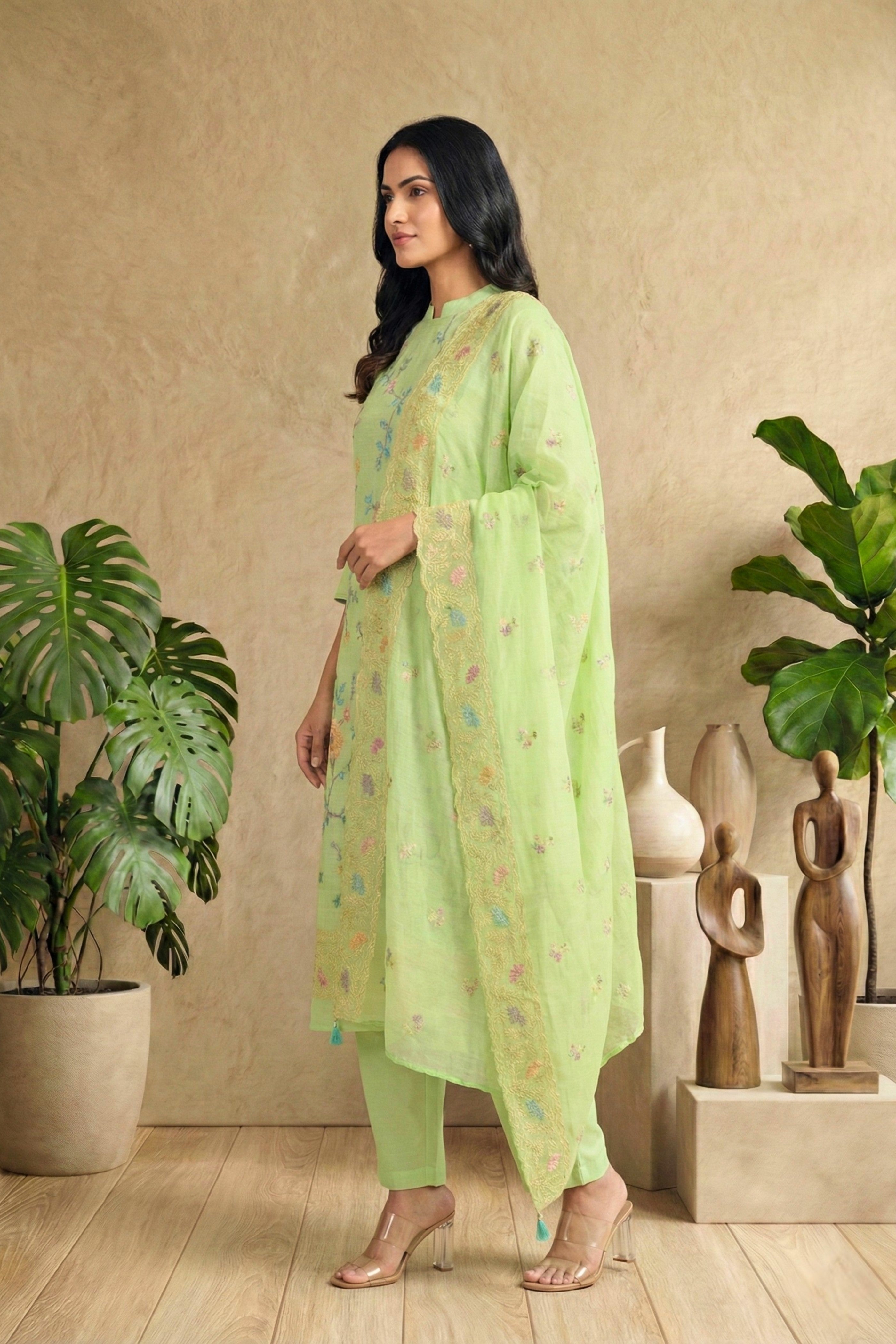 Vibrant Lime Green Mul Chanderi Unstitched Suit Set