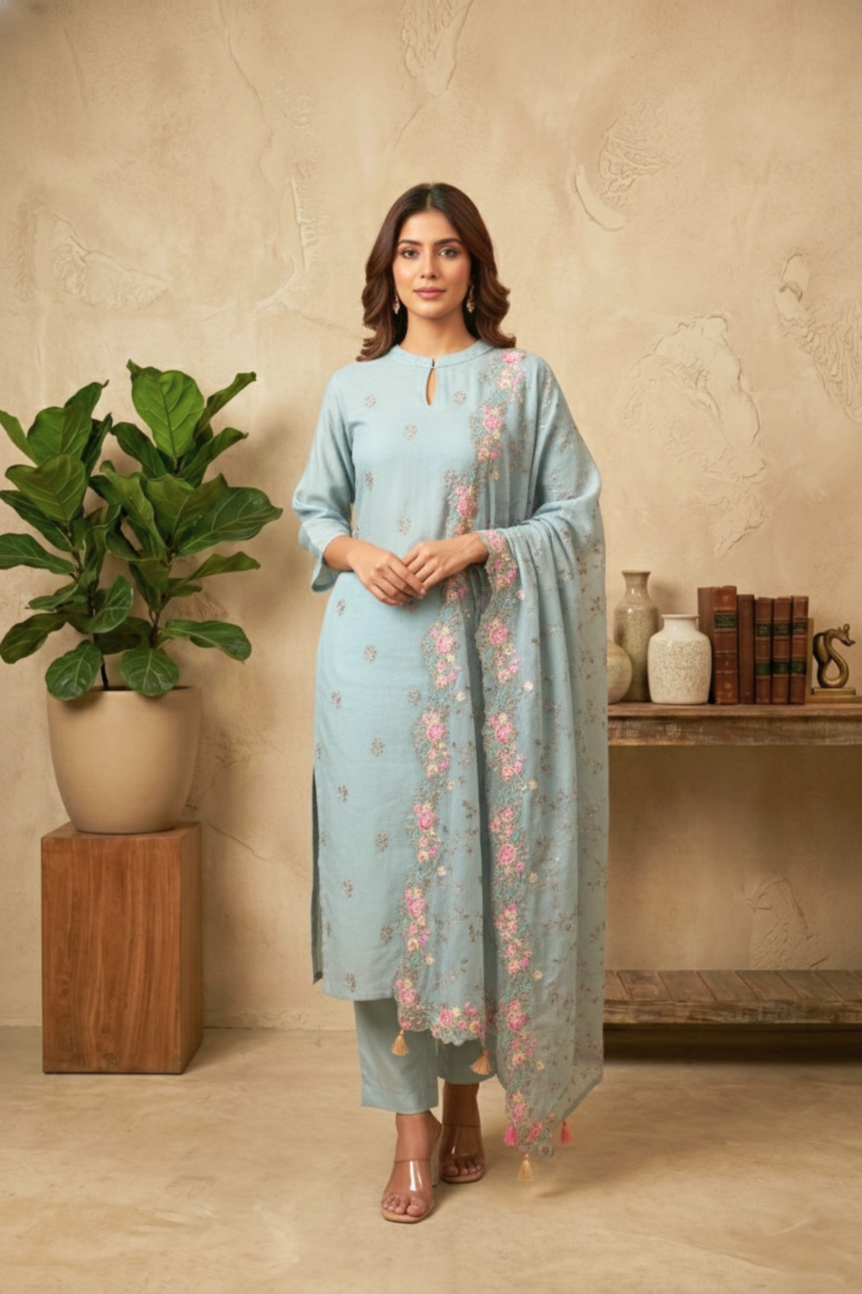 Soft Grey Mul Chanderi Unstitched Suit Set