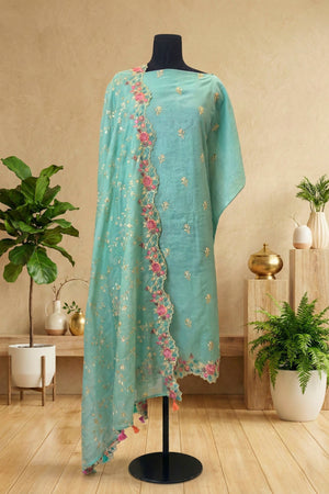 Sea Green Mul Chanderi Unstitched Suit Set