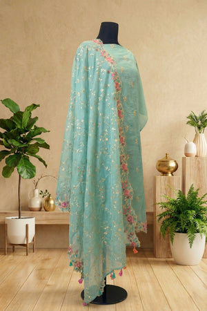 Sea Green Mul Chanderi Unstitched Suit Set