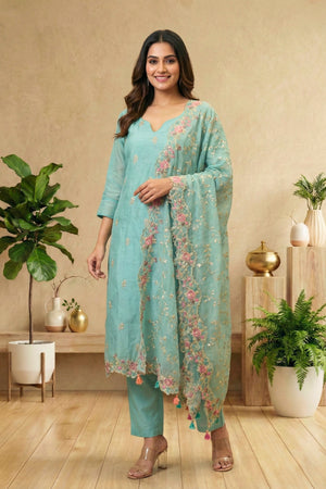 Sea Green Mul Chanderi Unstitched Suit Set