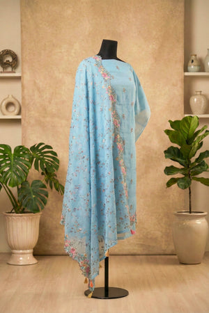 Powder Blue Mul Chanderi Unstitched Suit Set