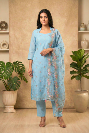 Powder Blue Mul Chanderi Unstitched Suit Set