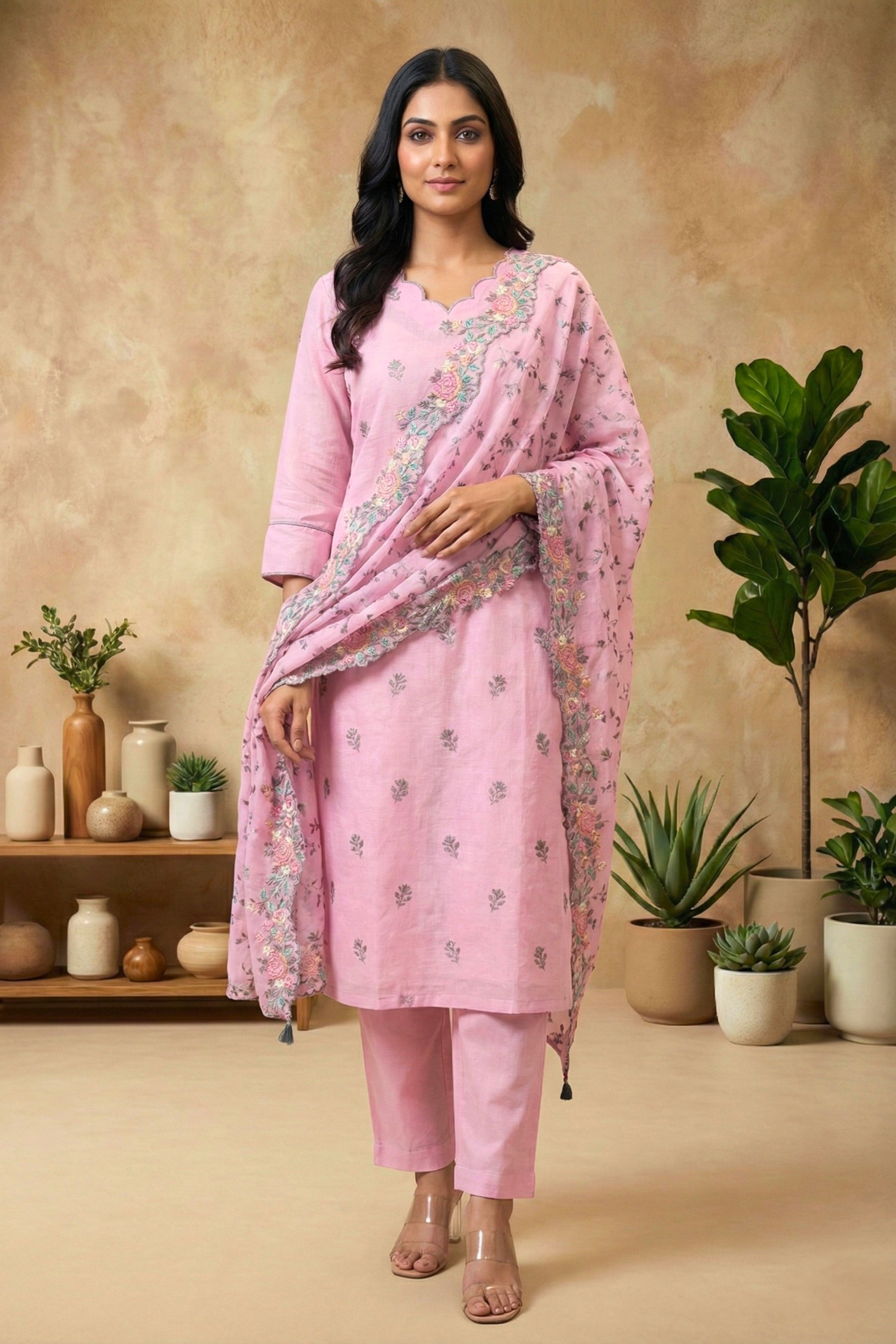 Pastel Pink Mul Chanderi Unstitched Suit Set