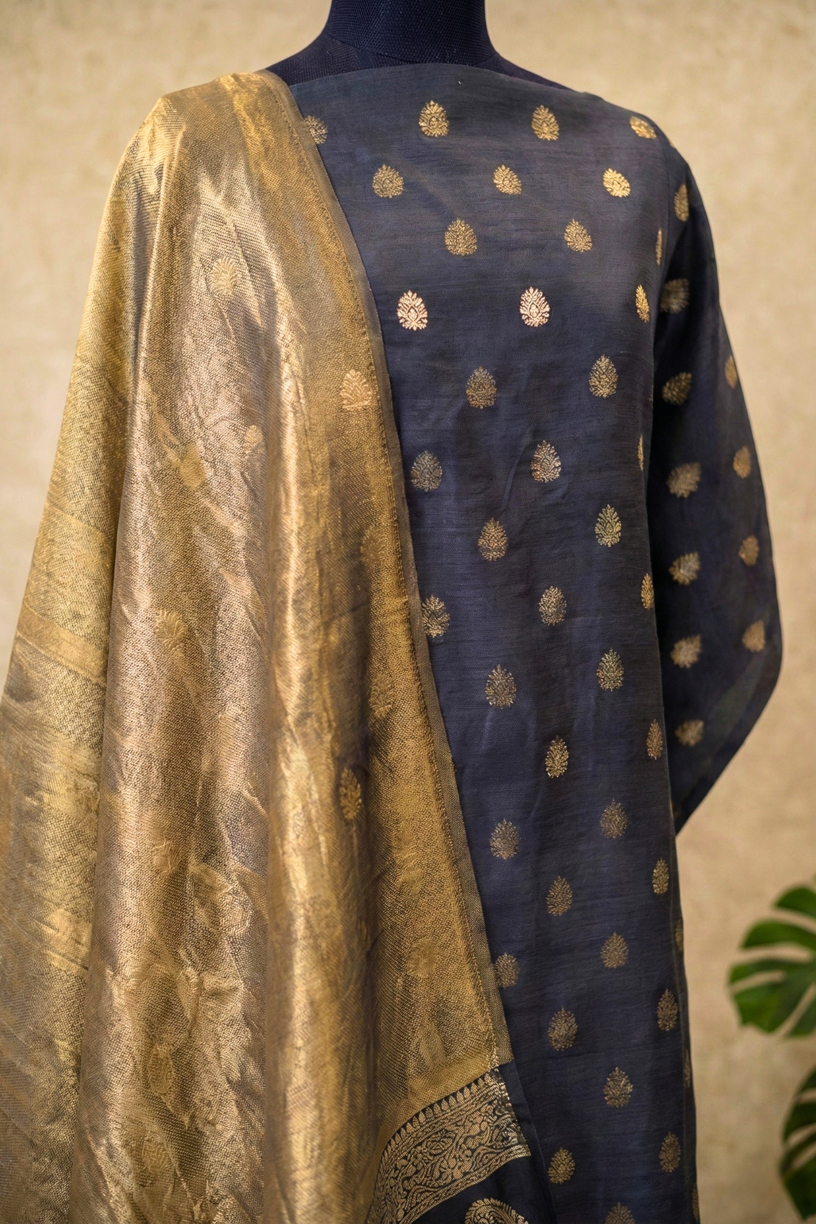 Midnight Blue Chiniya Silk Unstitched Suit Set with Golden Tissue Silk Dupatta