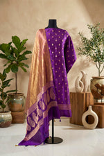 Royal Violet Chiniya Silk Unstitched Suit Set with Golden Tissue Dupatta
