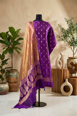 Royal Violet Chiniya Silk Unstitched Suit Set with Golden Tissue Dupatta