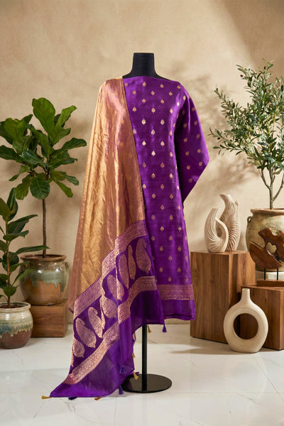 Royal Violet Chiniya Silk Unstitched Suit Set with Golden Tissue Dupatta
