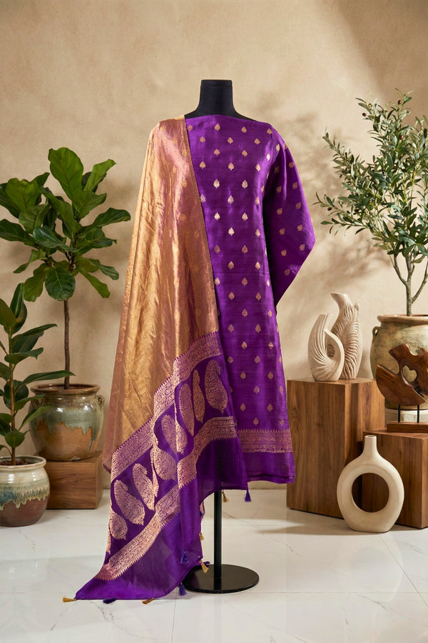 Royal Violet Chiniya Silk Unstitched Suit Set with Golden Tissue Dupatta