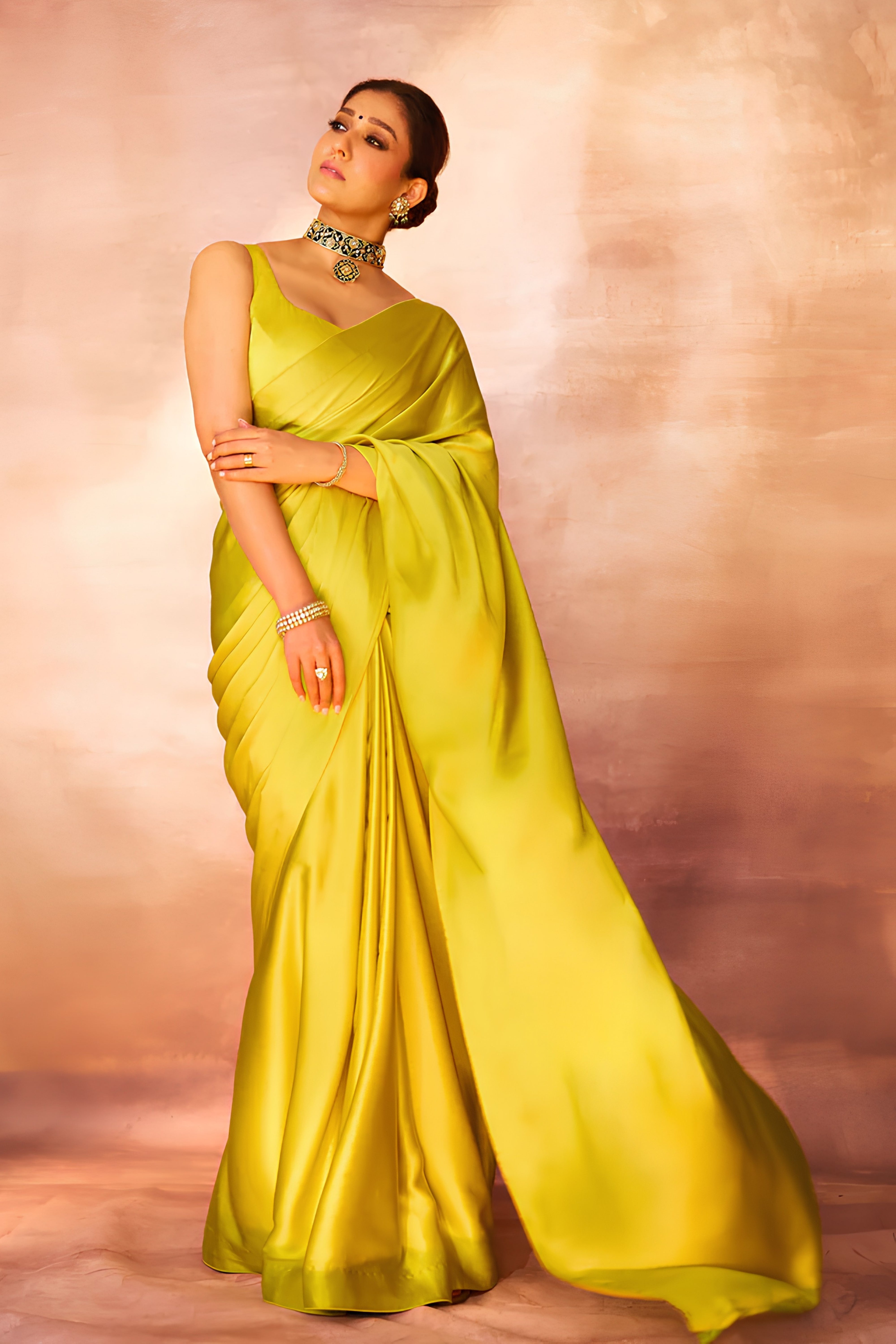 Celebrity-Inspired Luminous Lime Yellow Raw Mango Silk Saree